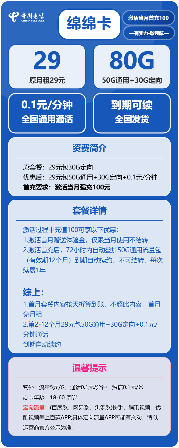 电信绵绵卡29元月租包50G通用+30G定向+通话0.1元/分钟