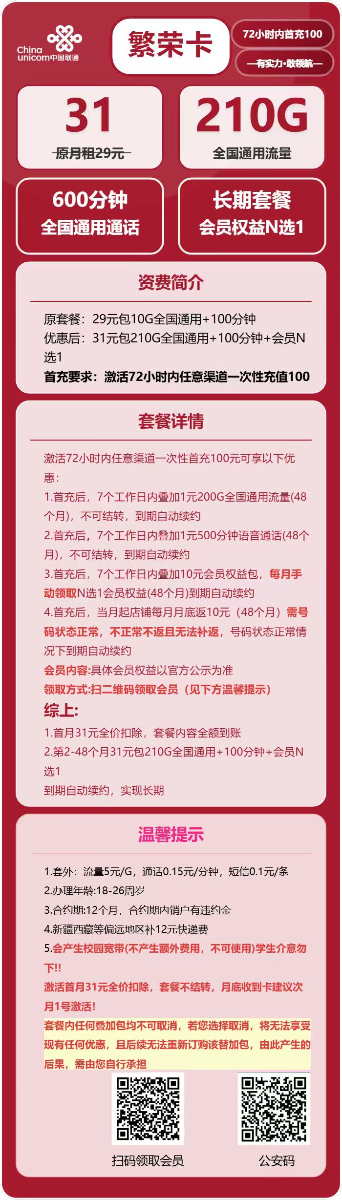 联通繁荣卡31元月租包210G通用+600分钟通话+会员权益