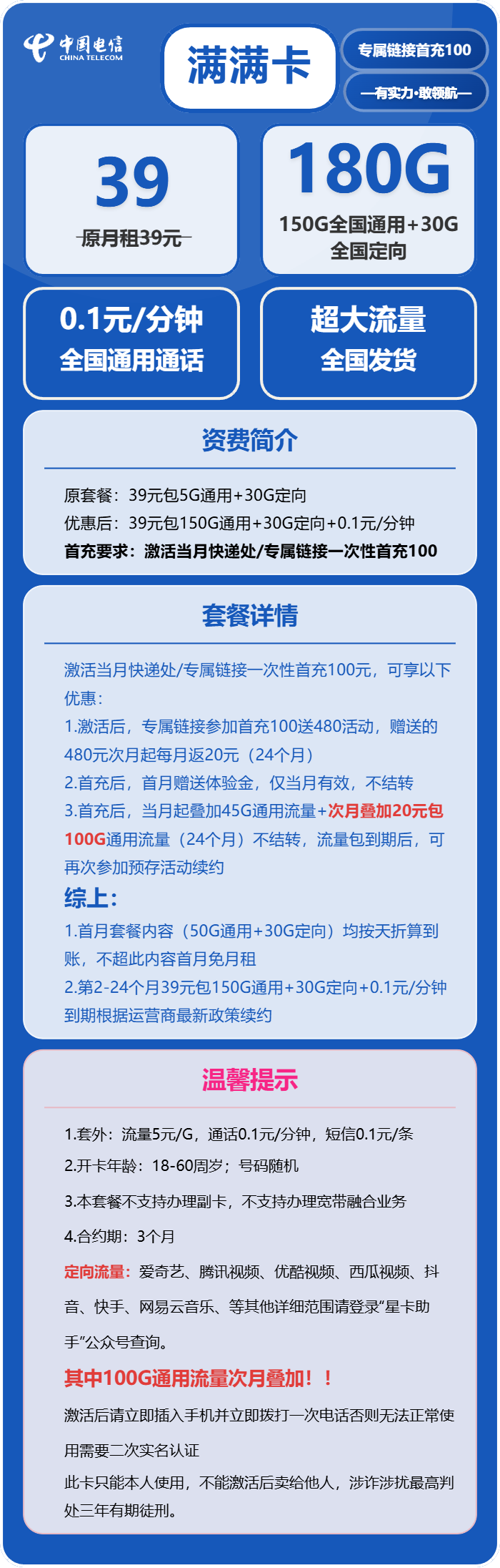 电信满满卡39元月租包150G通用+30G定向+通话0.1元/分钟
