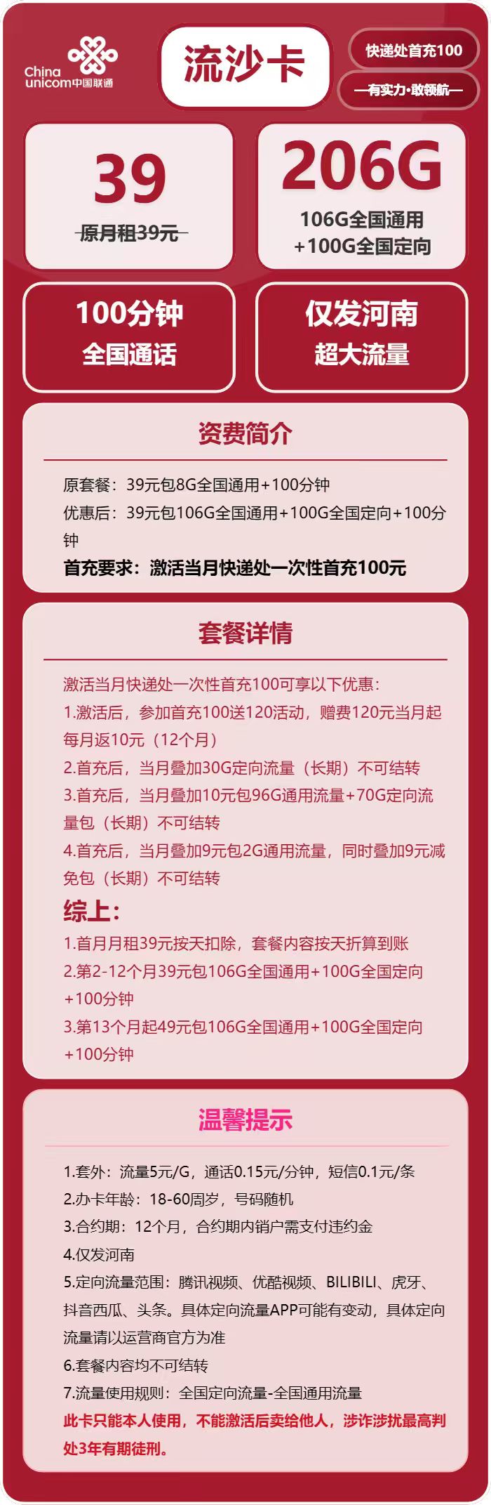 联通流沙卡39元月租包106G通用+100G定向+100分钟通话