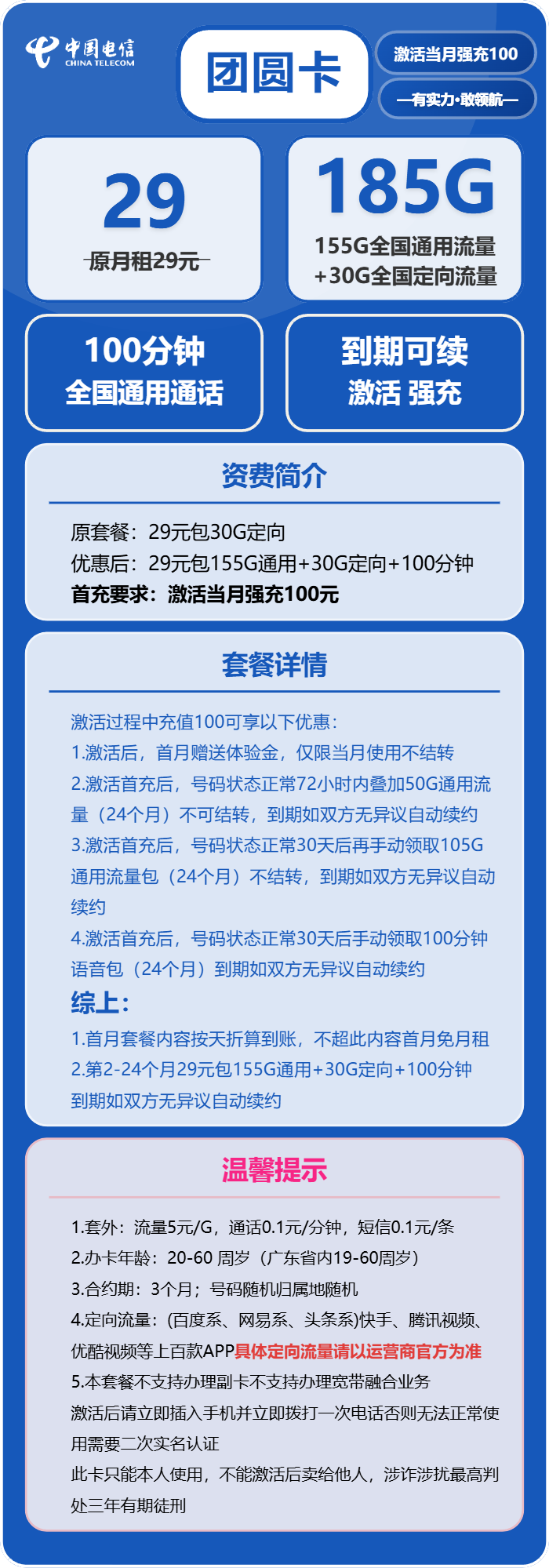 电信团圆卡29元月租包155G通用+30G定向+100分钟通话