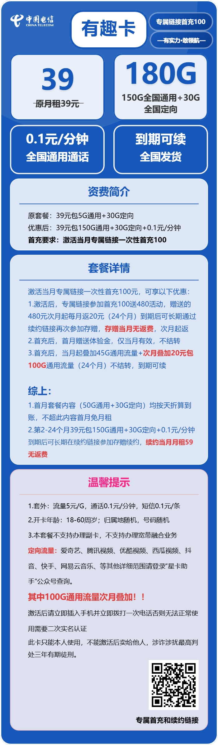 电信有趣卡39元月租包150G通用+30G定向+通话0.1元/分钟