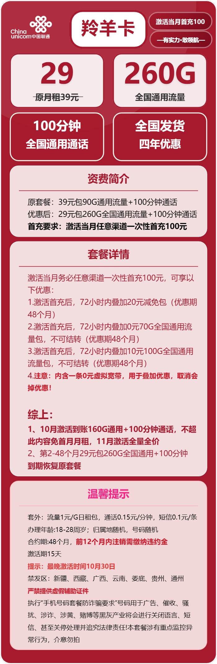 联通羚羊卡29元月租包260G通用+100分钟通话