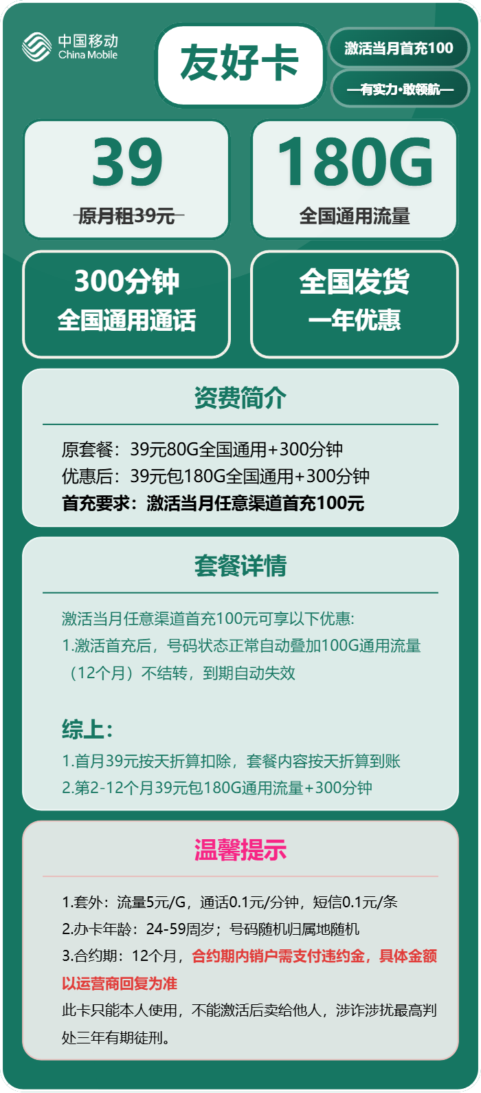 移动友好卡39元月租包180G通用+300分钟通话