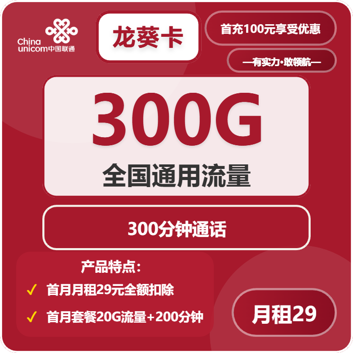 联通龙葵卡29元月租包300G通用+300分钟通话