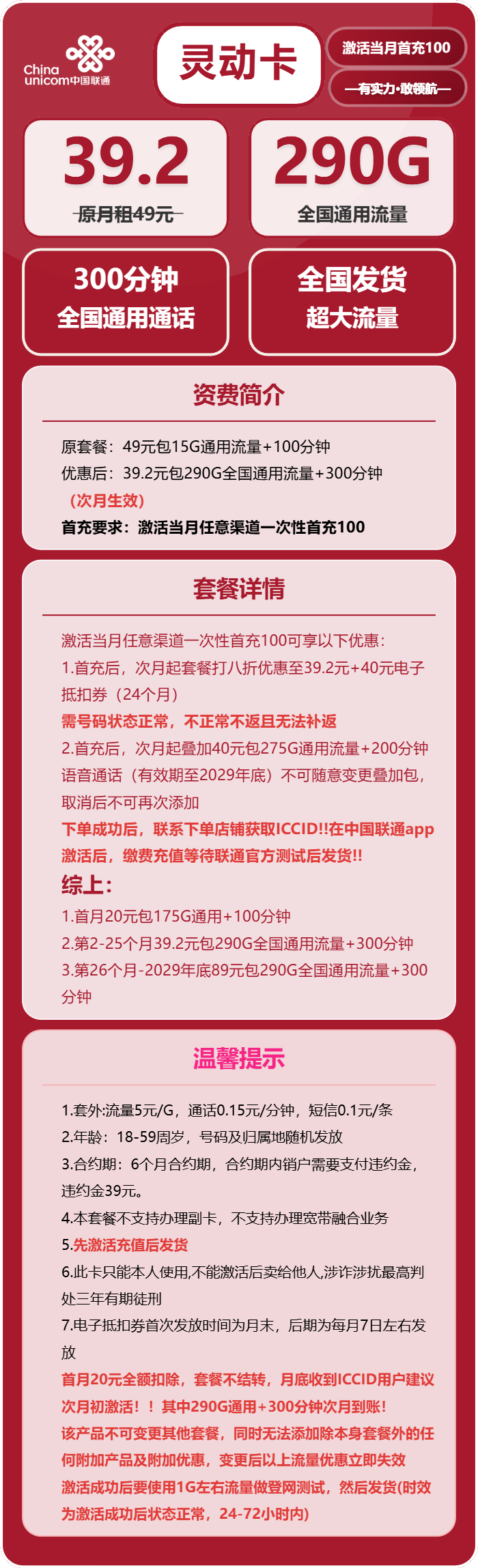 联通灵动卡39.2元月租包290G通用+300分钟通话