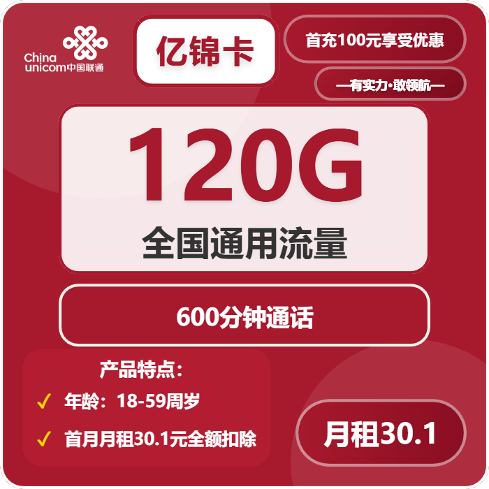 联通亿锦卡30.1元月租包120G通用+600分钟通话