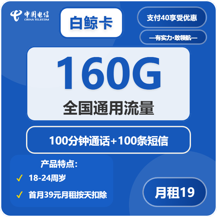 电信白鲸卡19元月租包160G通用+100分钟通话+100条短信