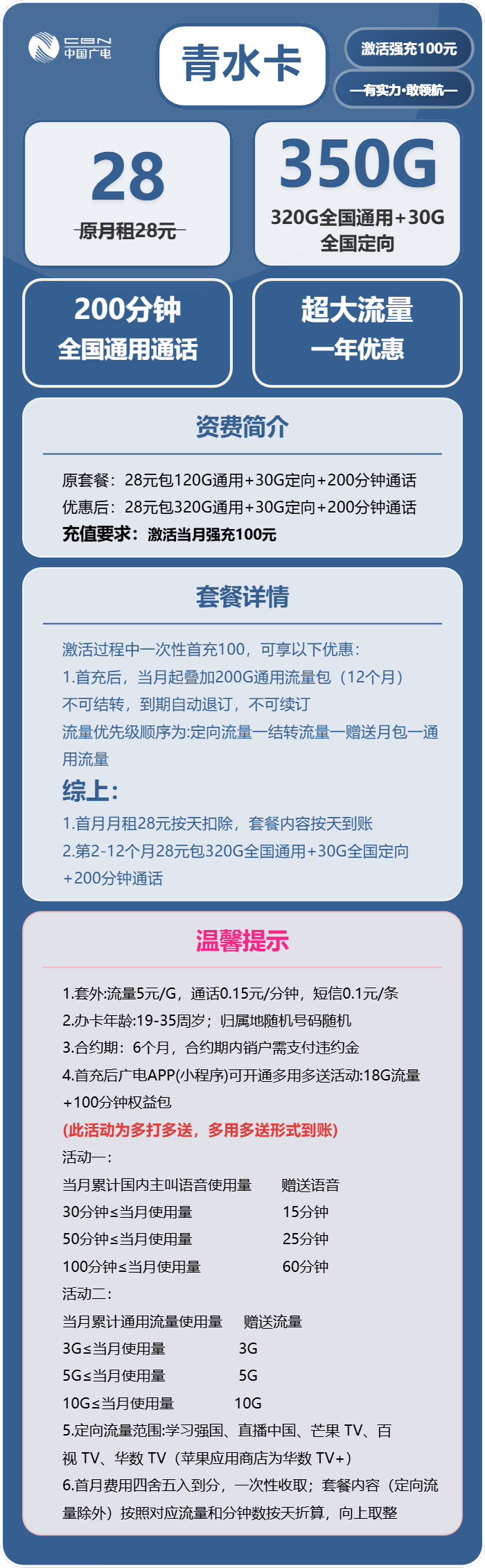 广电清水卡28元月租包320G通用+30G定向+200分钟通话