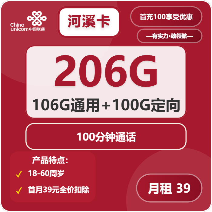 联通河溪卡39元月租包106G通用+100G定向+100分钟通话