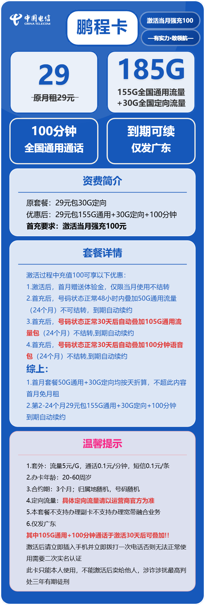 电信鹏程卡29元月租包155G通用+30G定向+100分钟通话