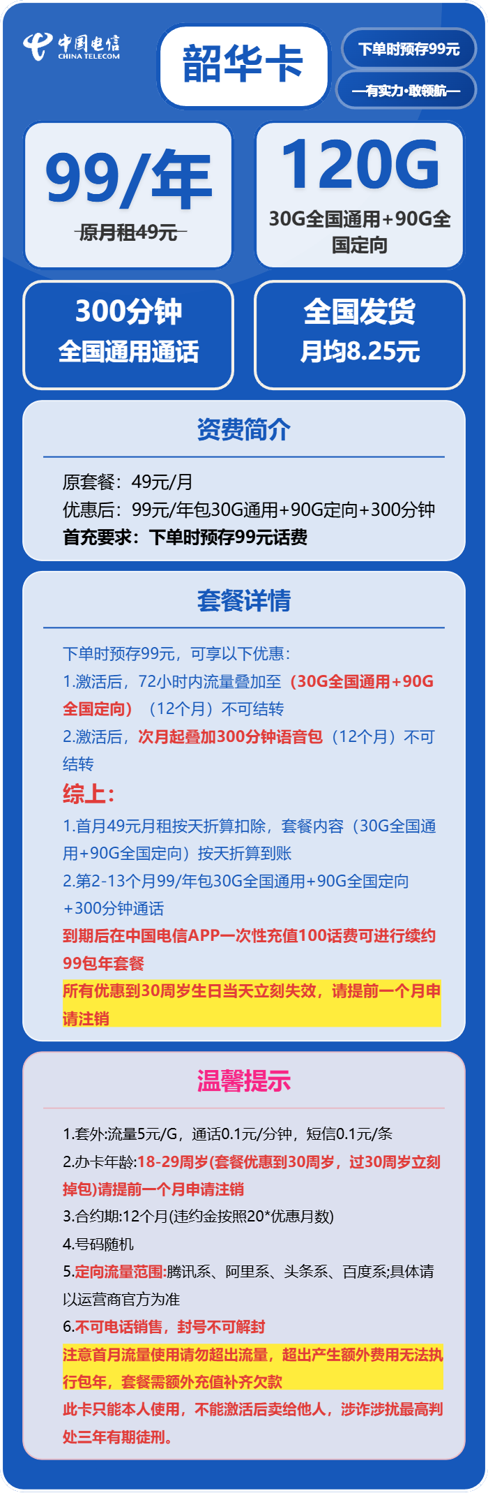 电信韶华卡9元月租包135G通用+30G定向+300分钟通话