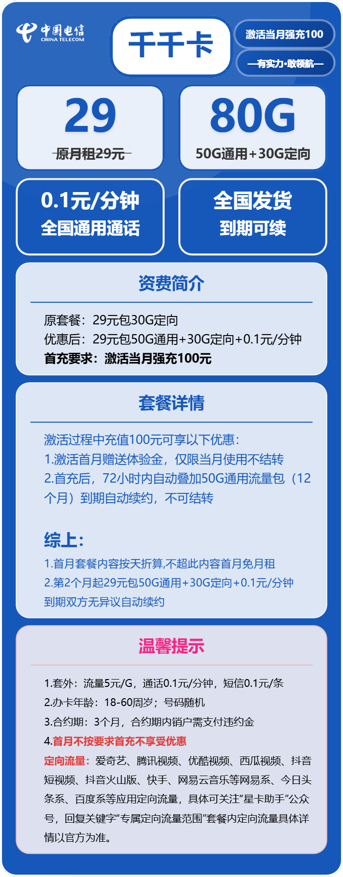 电信千千卡29元月租包50G通用+30G定向+通话0.1元/分钟