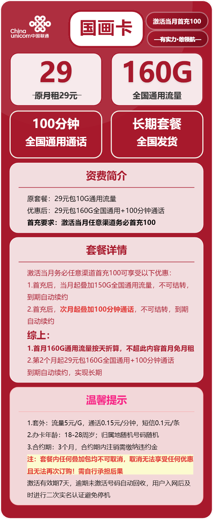联通国画卡29元月租包160G通用+100分钟通话
