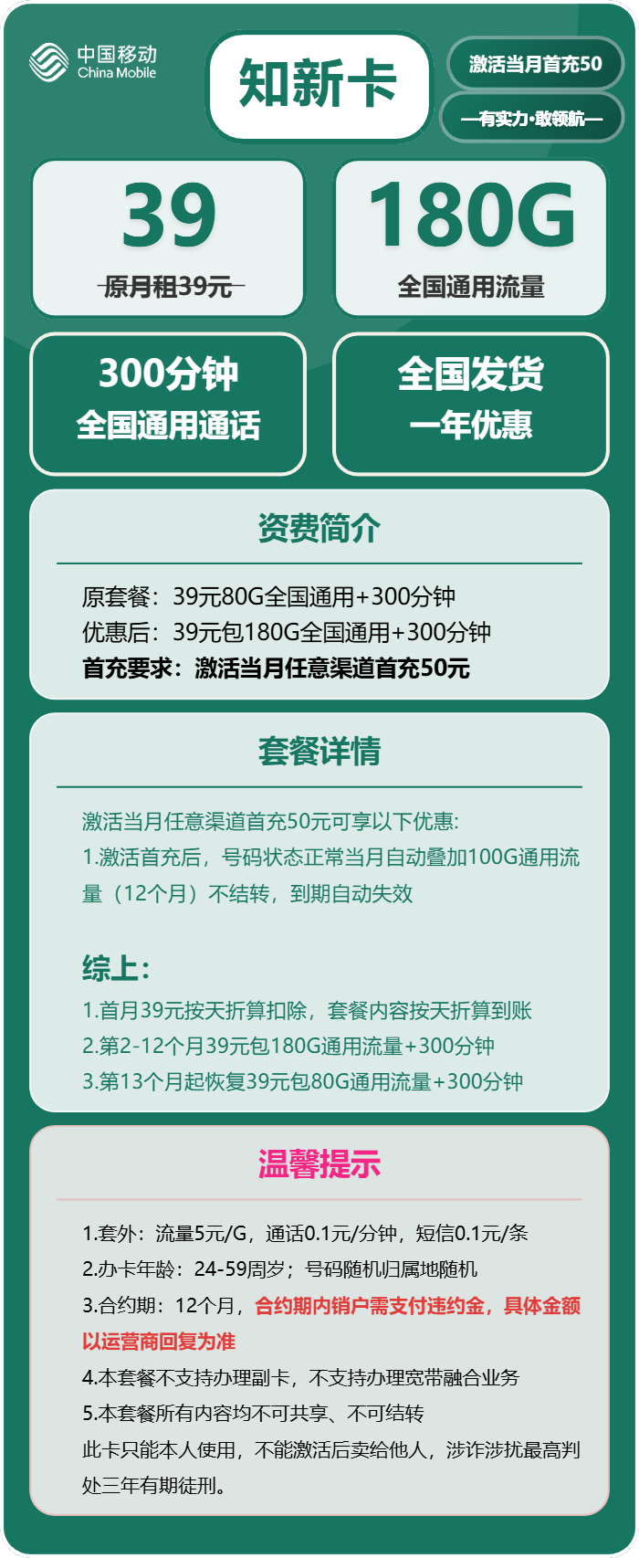 移动知新卡39元月租包180G通用+300分钟通话