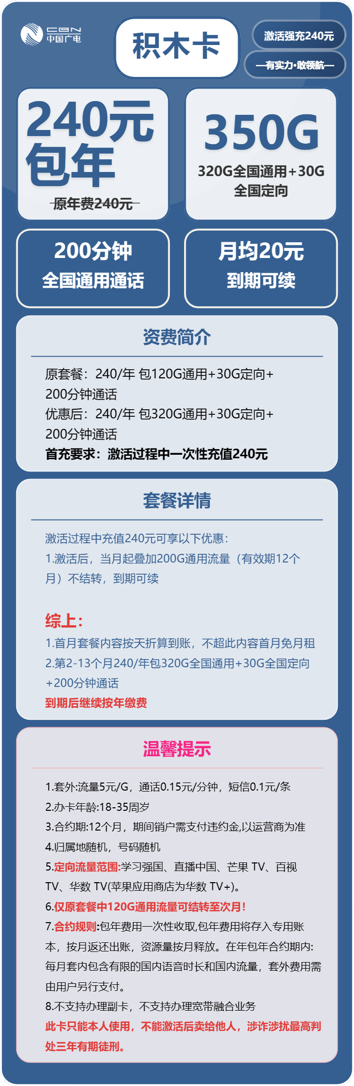 广电积木卡20元月租包320G通用+30G定向+200分钟通话